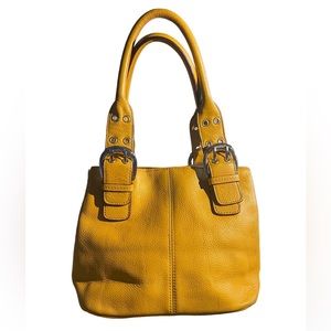 Tignanello pebbled leather satchel bag mustard adj straps silver hardware